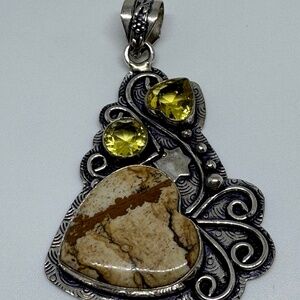 New Sterline Silver Brown Jasper Heart with Citrine Pendant